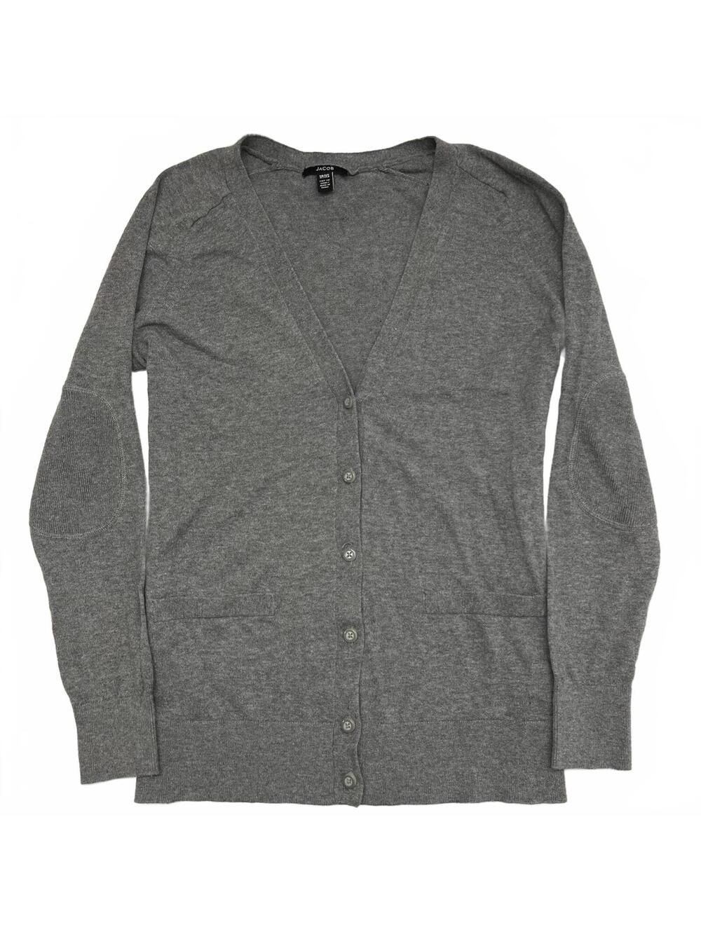 Jacob Grey V Neck Buttoned Cardigan W Elbow Patch & Fake Pockets 100% Cotton XS